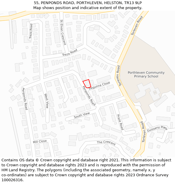 55, PENPONDS ROAD, PORTHLEVEN, HELSTON, TR13 9LP: Location map and indicative extent of plot