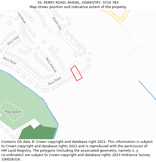 55, PERRY ROAD, RHEWL, OSWESTRY, SY10 7BX: Location map and indicative extent of plot