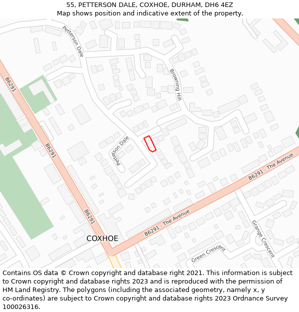 55, PETTERSON DALE, COXHOE, DURHAM, DH6 4EZ: Location map and indicative extent of plot