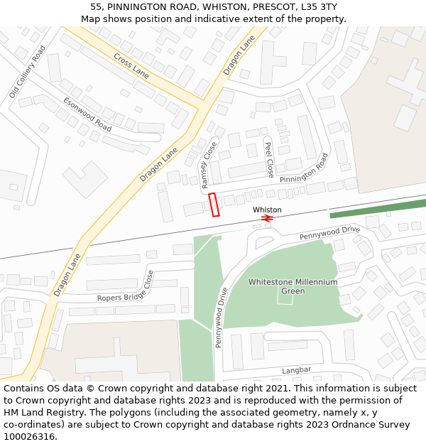 55, PINNINGTON ROAD, WHISTON, PRESCOT, L35 3TY: Location map and indicative extent of plot