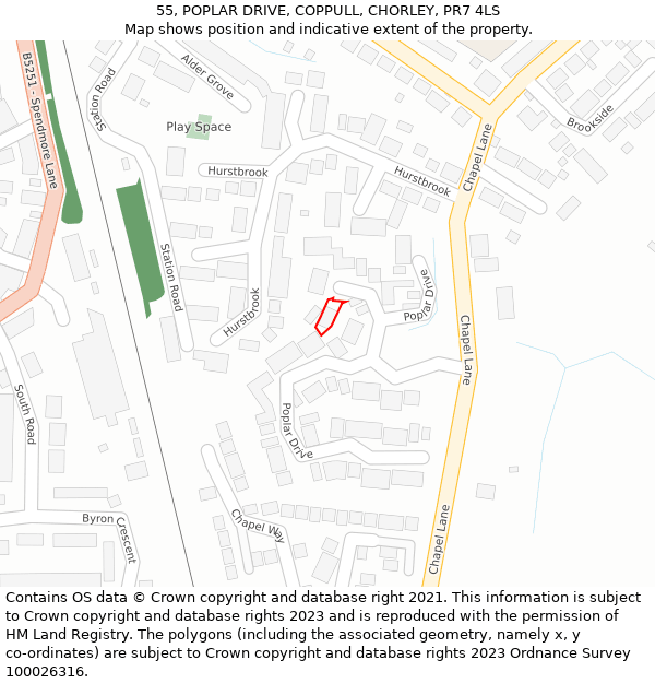 55, POPLAR DRIVE, COPPULL, CHORLEY, PR7 4LS: Location map and indicative extent of plot