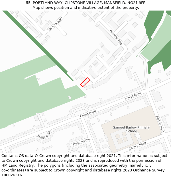 55, PORTLAND WAY, CLIPSTONE VILLAGE, MANSFIELD, NG21 9FE: Location map and indicative extent of plot