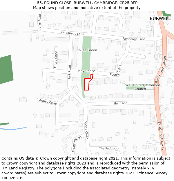 55, POUND CLOSE, BURWELL, CAMBRIDGE, CB25 0EP: Location map and indicative extent of plot