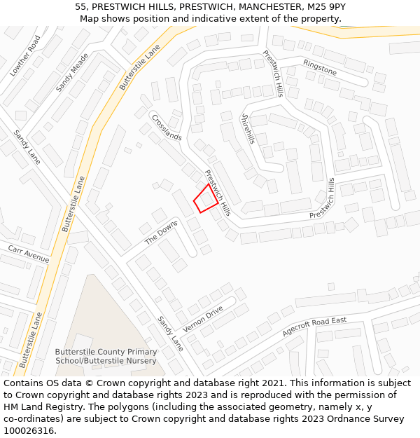 55, PRESTWICH HILLS, PRESTWICH, MANCHESTER, M25 9PY: Location map and indicative extent of plot