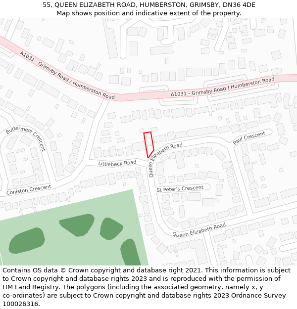 55, QUEEN ELIZABETH ROAD, HUMBERSTON, GRIMSBY, DN36 4DE: Location map and indicative extent of plot