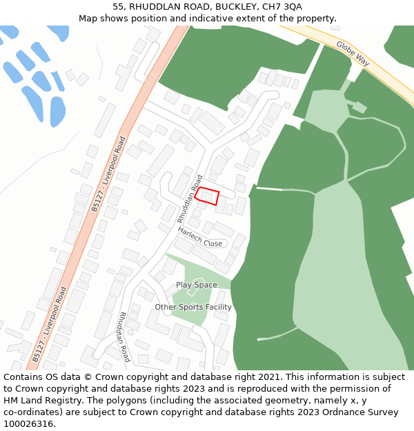 55, RHUDDLAN ROAD, BUCKLEY, CH7 3QA: Location map and indicative extent of plot
