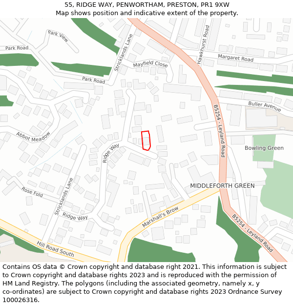 55, RIDGE WAY, PENWORTHAM, PRESTON, PR1 9XW: Location map and indicative extent of plot