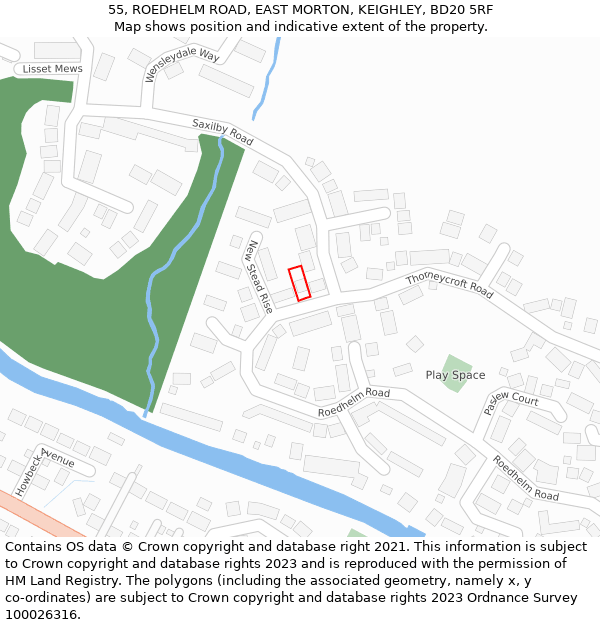 55, ROEDHELM ROAD, EAST MORTON, KEIGHLEY, BD20 5RF: Location map and indicative extent of plot