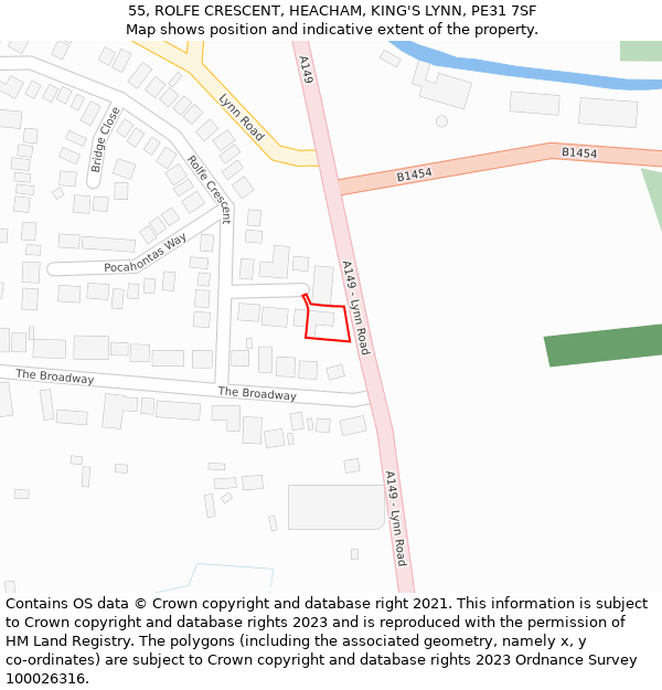 55, ROLFE CRESCENT, HEACHAM, KING'S LYNN, PE31 7SF: Location map and indicative extent of plot