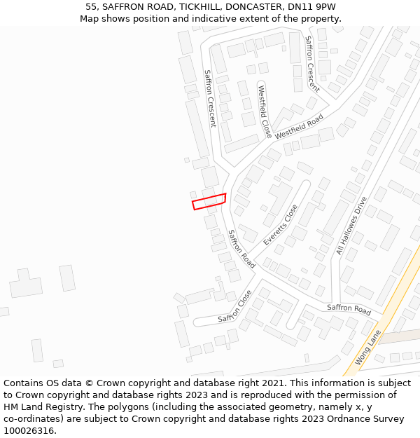 55, SAFFRON ROAD, TICKHILL, DONCASTER, DN11 9PW: Location map and indicative extent of plot