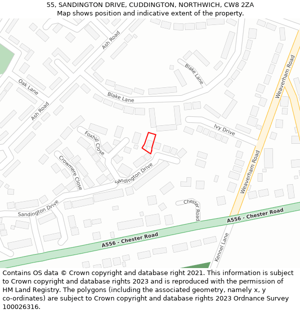 55, SANDINGTON DRIVE, CUDDINGTON, NORTHWICH, CW8 2ZA: Location map and indicative extent of plot