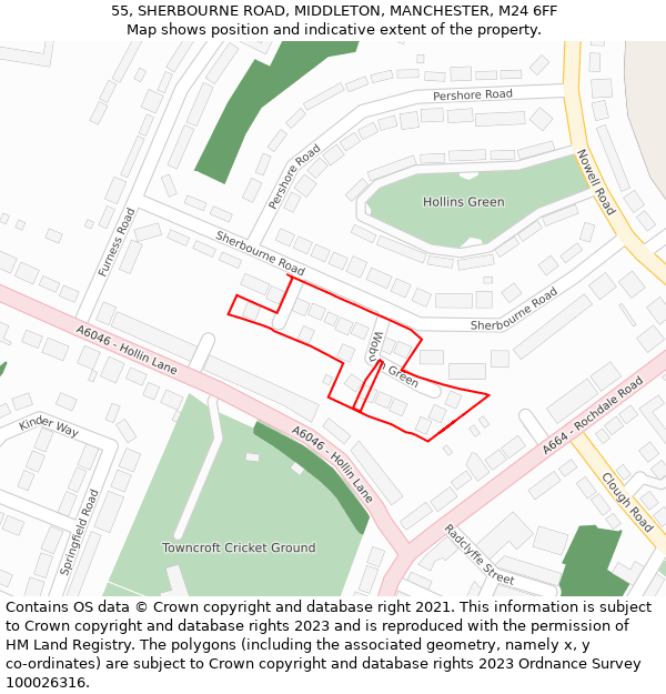 55, SHERBOURNE ROAD, MIDDLETON, MANCHESTER, M24 6FF: Location map and indicative extent of plot