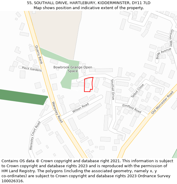 55, SOUTHALL DRIVE, HARTLEBURY, KIDDERMINSTER, DY11 7LD: Location map and indicative extent of plot