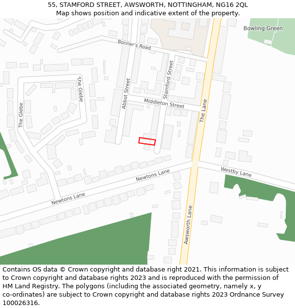 55, STAMFORD STREET, AWSWORTH, NOTTINGHAM, NG16 2QL: Location map and indicative extent of plot