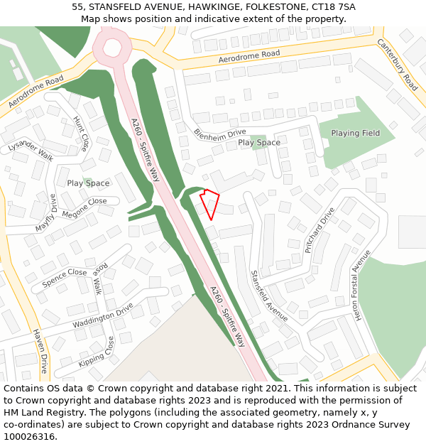 55, STANSFELD AVENUE, HAWKINGE, FOLKESTONE, CT18 7SA: Location map and indicative extent of plot