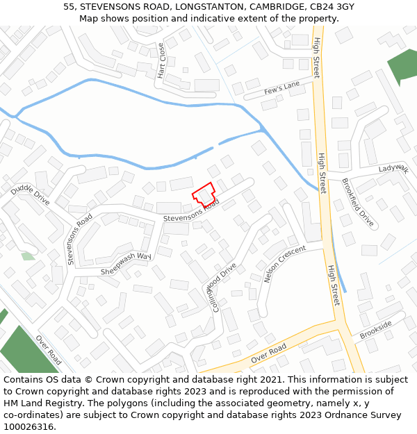55, STEVENSONS ROAD, LONGSTANTON, CAMBRIDGE, CB24 3GY: Location map and indicative extent of plot