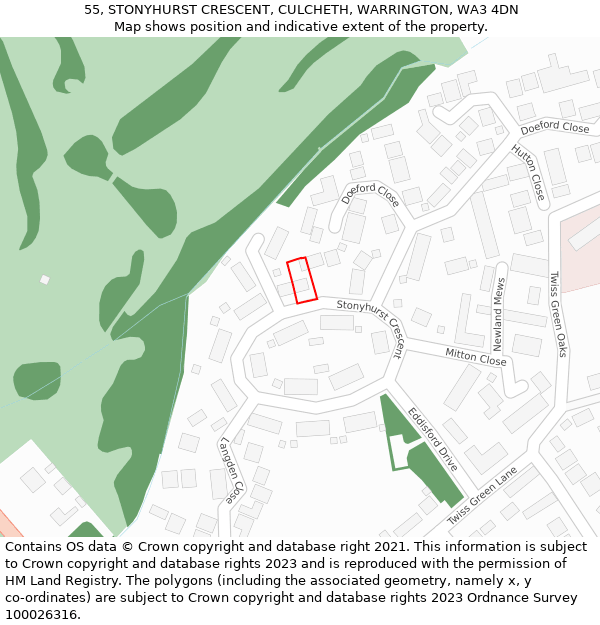 55, STONYHURST CRESCENT, CULCHETH, WARRINGTON, WA3 4DN: Location map and indicative extent of plot