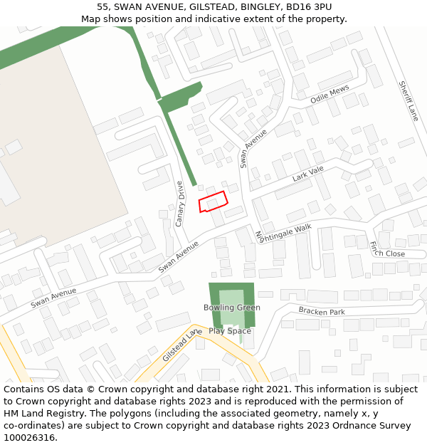 55, SWAN AVENUE, GILSTEAD, BINGLEY, BD16 3PU: Location map and indicative extent of plot