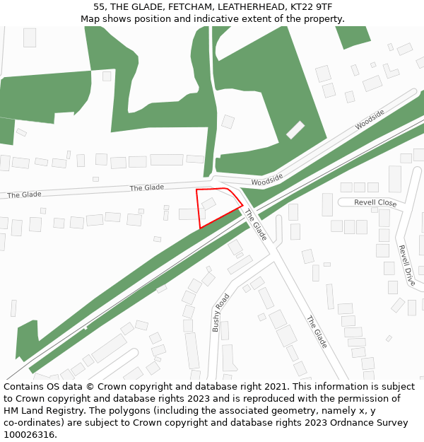 55, THE GLADE, FETCHAM, LEATHERHEAD, KT22 9TF: Location map and indicative extent of plot