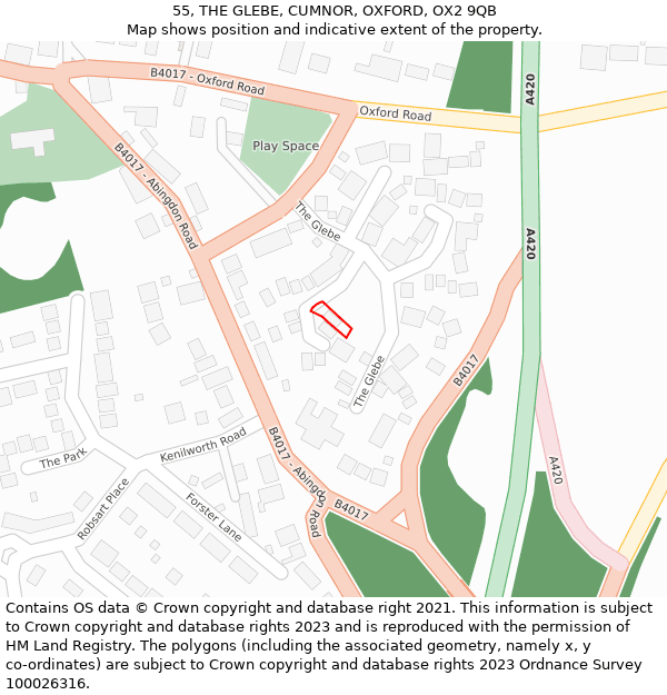 55, THE GLEBE, CUMNOR, OXFORD, OX2 9QB: Location map and indicative extent of plot