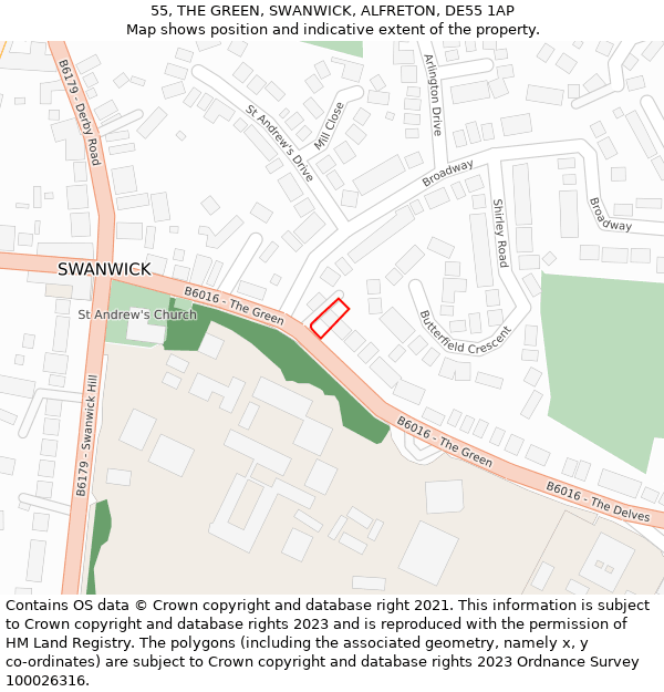 55, THE GREEN, SWANWICK, ALFRETON, DE55 1AP: Location map and indicative extent of plot