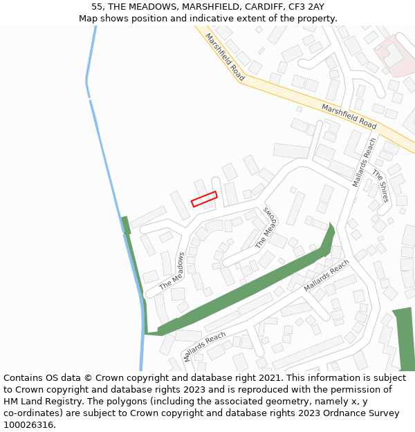 55, THE MEADOWS, MARSHFIELD, CARDIFF, CF3 2AY: Location map and indicative extent of plot