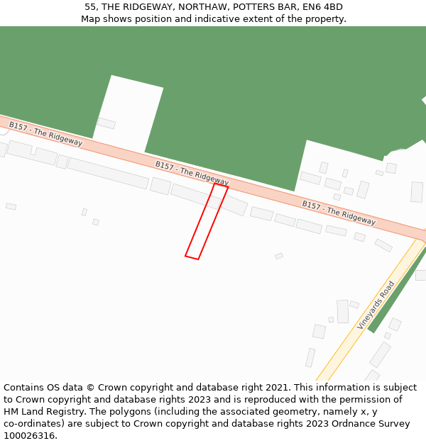 55, THE RIDGEWAY, NORTHAW, POTTERS BAR, EN6 4BD: Location map and indicative extent of plot