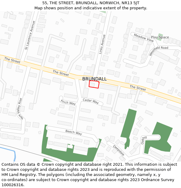 55, THE STREET, BRUNDALL, NORWICH, NR13 5JT: Location map and indicative extent of plot