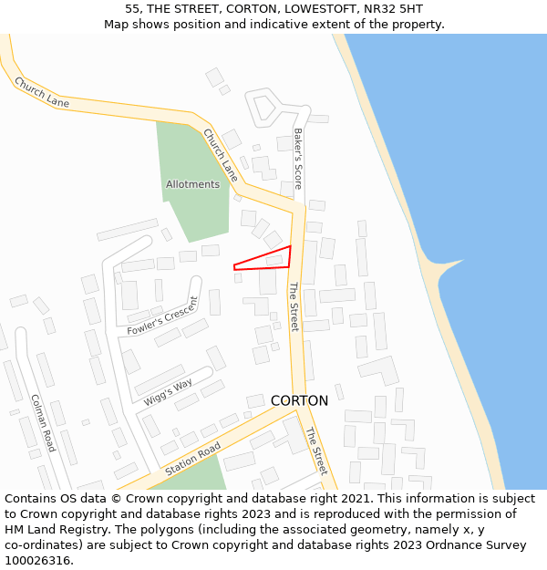 55, THE STREET, CORTON, LOWESTOFT, NR32 5HT: Location map and indicative extent of plot