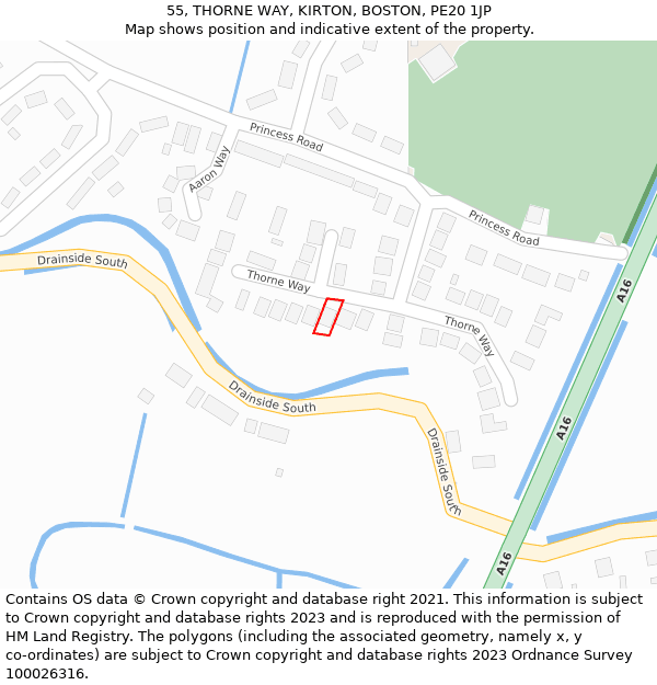 55, THORNE WAY, KIRTON, BOSTON, PE20 1JP: Location map and indicative extent of plot