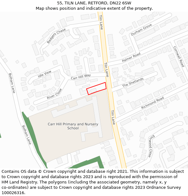 55, TILN LANE, RETFORD, DN22 6SW: Location map and indicative extent of plot