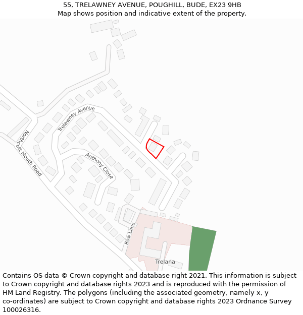 55, TRELAWNEY AVENUE, POUGHILL, BUDE, EX23 9HB: Location map and indicative extent of plot
