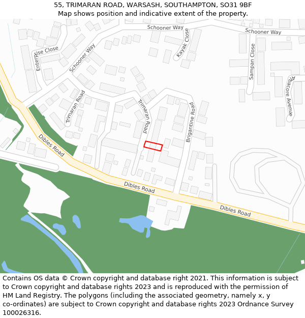 55, TRIMARAN ROAD, WARSASH, SOUTHAMPTON, SO31 9BF: Location map and indicative extent of plot