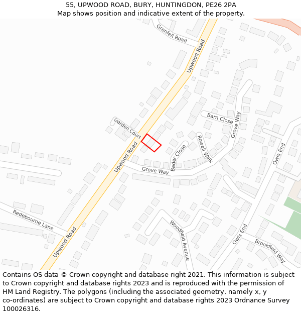 55, UPWOOD ROAD, BURY, HUNTINGDON, PE26 2PA: Location map and indicative extent of plot