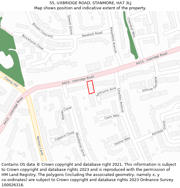 55, UXBRIDGE ROAD, STANMORE, HA7 3LJ: Location map and indicative extent of plot