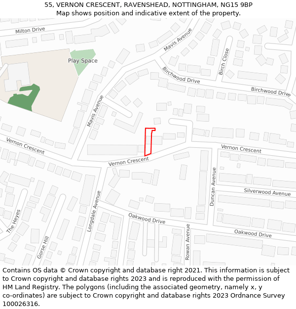 55, VERNON CRESCENT, RAVENSHEAD, NOTTINGHAM, NG15 9BP: Location map and indicative extent of plot