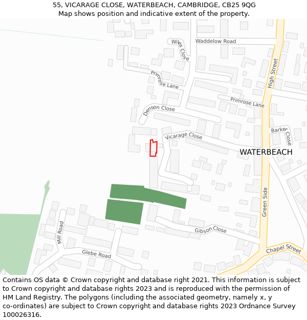 55, VICARAGE CLOSE, WATERBEACH, CAMBRIDGE, CB25 9QG: Location map and indicative extent of plot