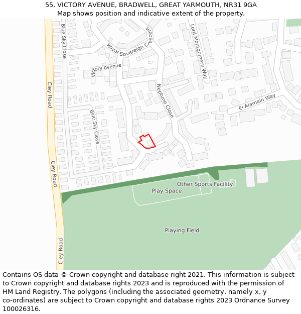 55, VICTORY AVENUE, BRADWELL, GREAT YARMOUTH, NR31 9GA: Location map and indicative extent of plot