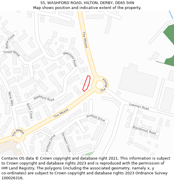 55, WASHFORD ROAD, HILTON, DERBY, DE65 5HN: Location map and indicative extent of plot