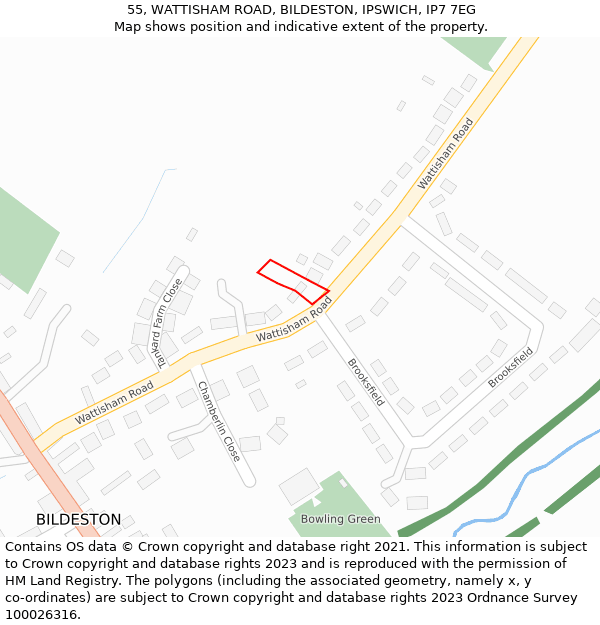 55, WATTISHAM ROAD, BILDESTON, IPSWICH, IP7 7EG: Location map and indicative extent of plot