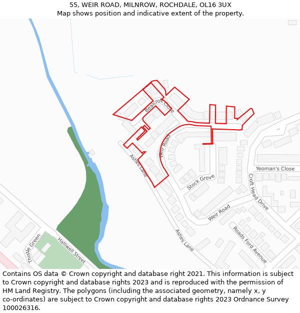 55, WEIR ROAD, MILNROW, ROCHDALE, OL16 3UX: Location map and indicative extent of plot