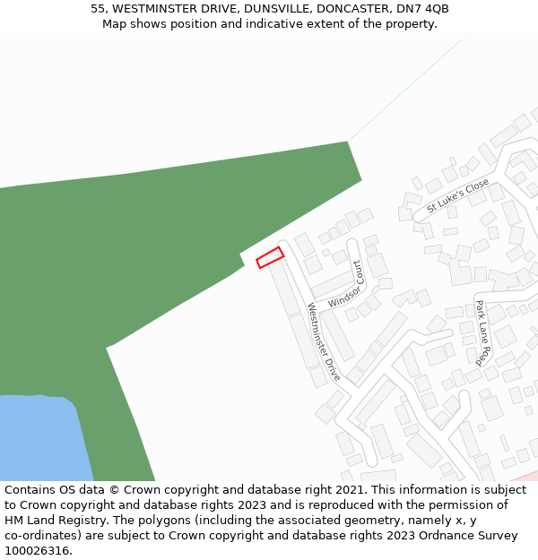 55, WESTMINSTER DRIVE, DUNSVILLE, DONCASTER, DN7 4QB: Location map and indicative extent of plot