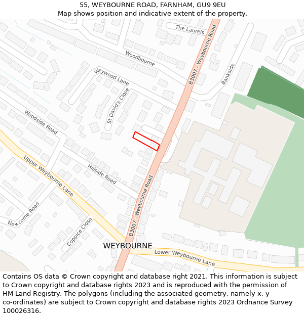 55, WEYBOURNE ROAD, FARNHAM, GU9 9EU: Location map and indicative extent of plot