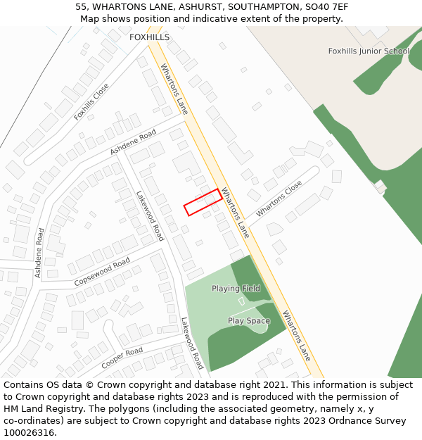 55, WHARTONS LANE, ASHURST, SOUTHAMPTON, SO40 7EF: Location map and indicative extent of plot