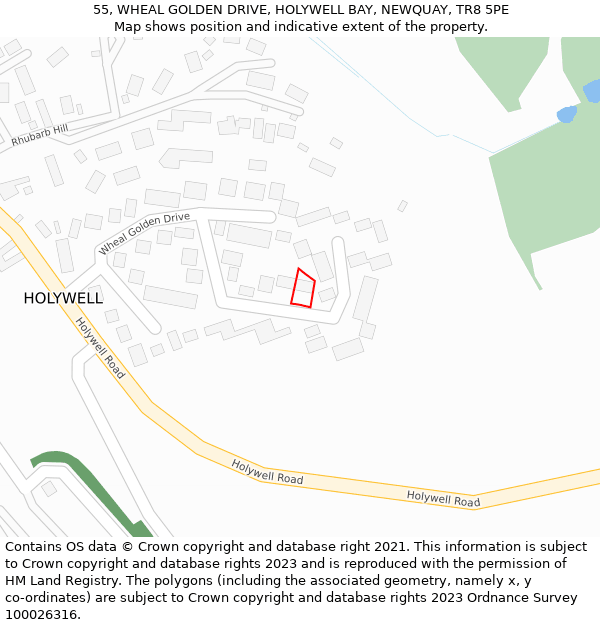 55, WHEAL GOLDEN DRIVE, HOLYWELL BAY, NEWQUAY, TR8 5PE: Location map and indicative extent of plot