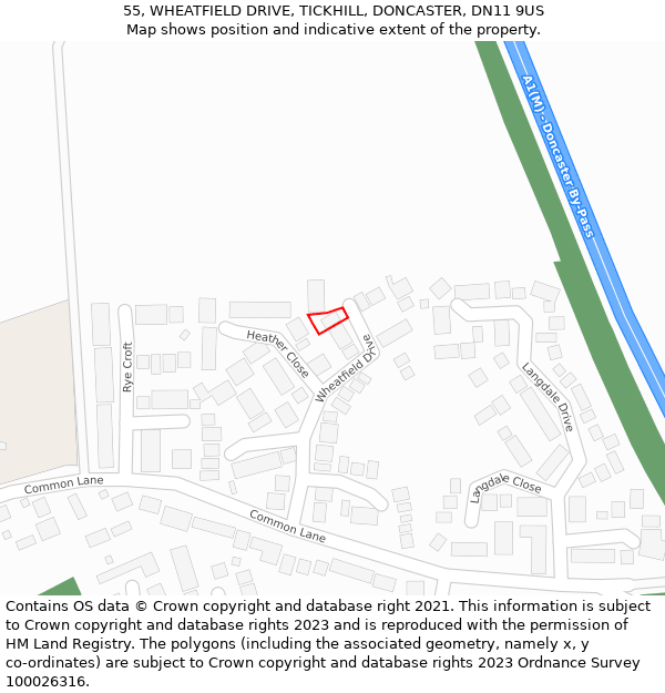 55, WHEATFIELD DRIVE, TICKHILL, DONCASTER, DN11 9US: Location map and indicative extent of plot