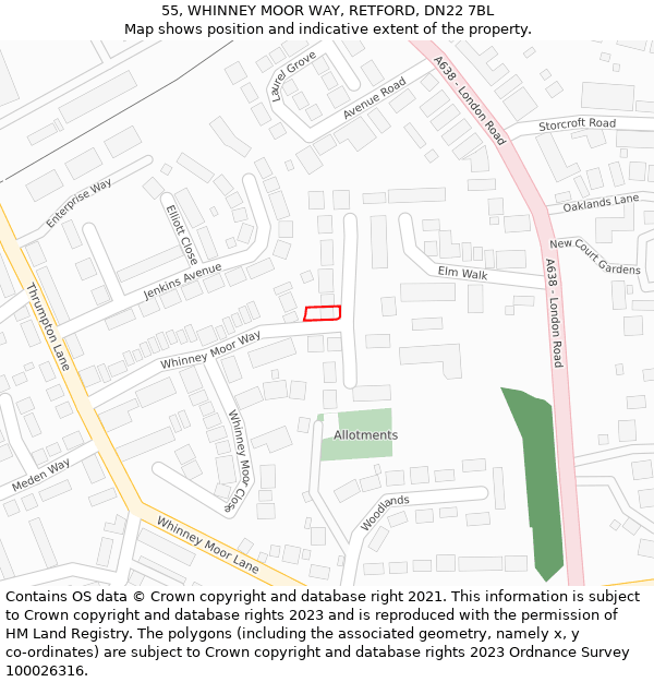 55, WHINNEY MOOR WAY, RETFORD, DN22 7BL: Location map and indicative extent of plot