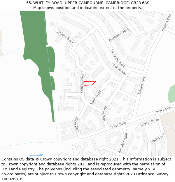 55, WHITLEY ROAD, UPPER CAMBOURNE, CAMBRIDGE, CB23 6AS: Location map and indicative extent of plot