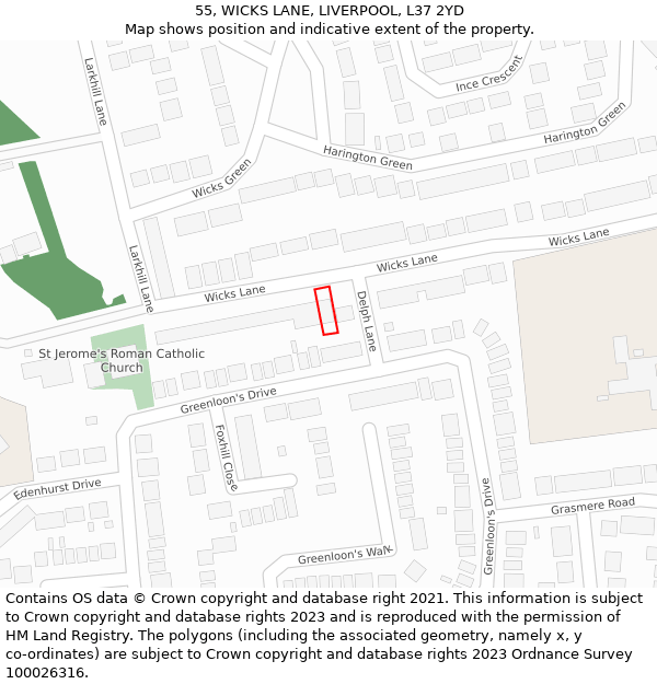 55, WICKS LANE, LIVERPOOL, L37 2YD: Location map and indicative extent of plot