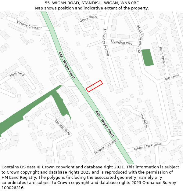 55, WIGAN ROAD, STANDISH, WIGAN, WN6 0BE: Location map and indicative extent of plot